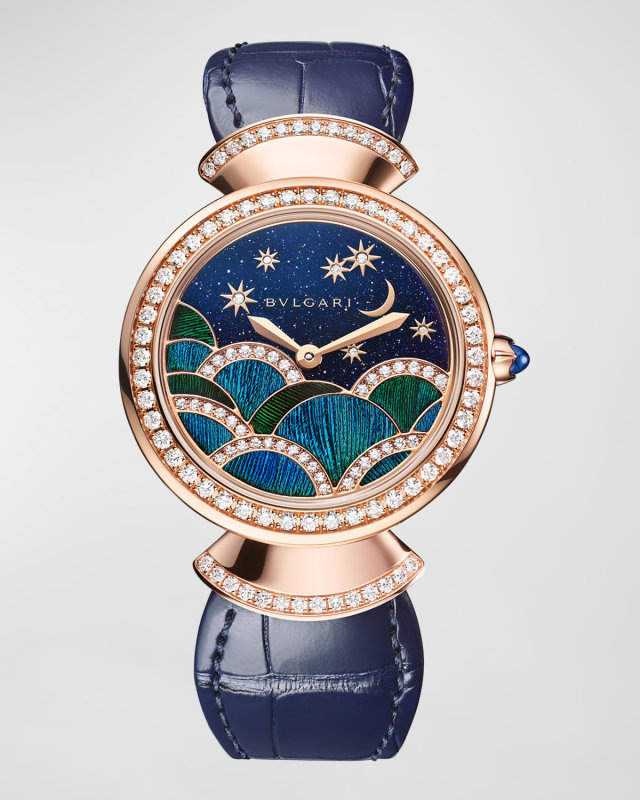 Divas' Dream 33mm Rose Gold Aventurine Watch with Diamonds and Blue Alligator Strap